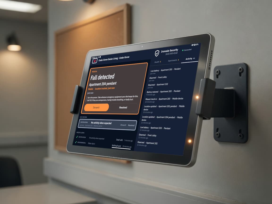 A wall-mounted Android touchscreen running Alarm Station, with the installing alarm company’s name and phone number in the top corner above a fall detected in Apartment 204