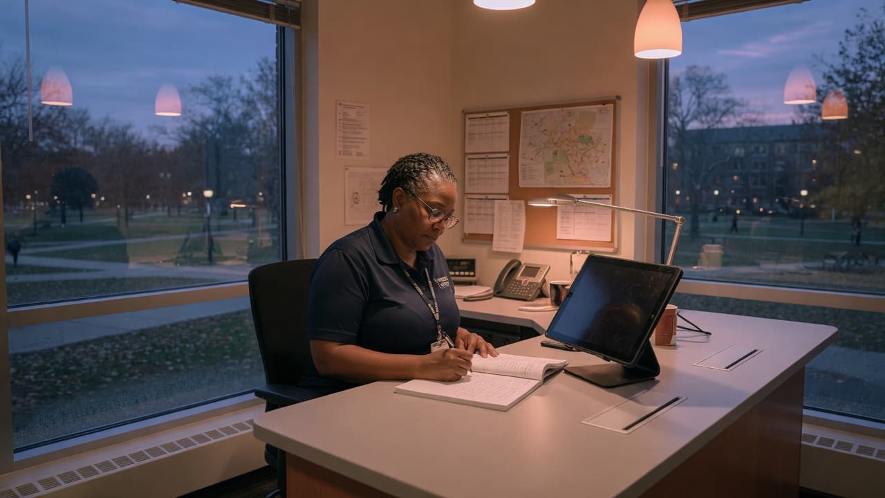 Campus desk at dusk
