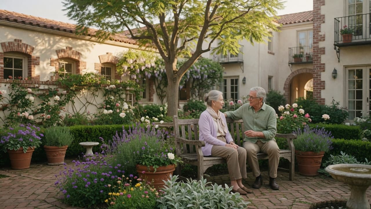 Residents talking in a senior living courtyard