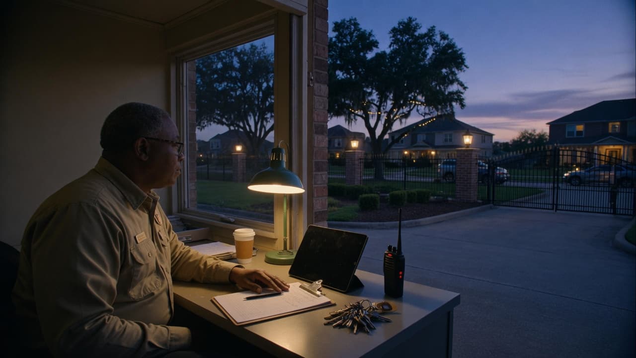 Gate attendant at dusk in a gatehouse booth, a tablet on the desk and the community entrance beyond the window